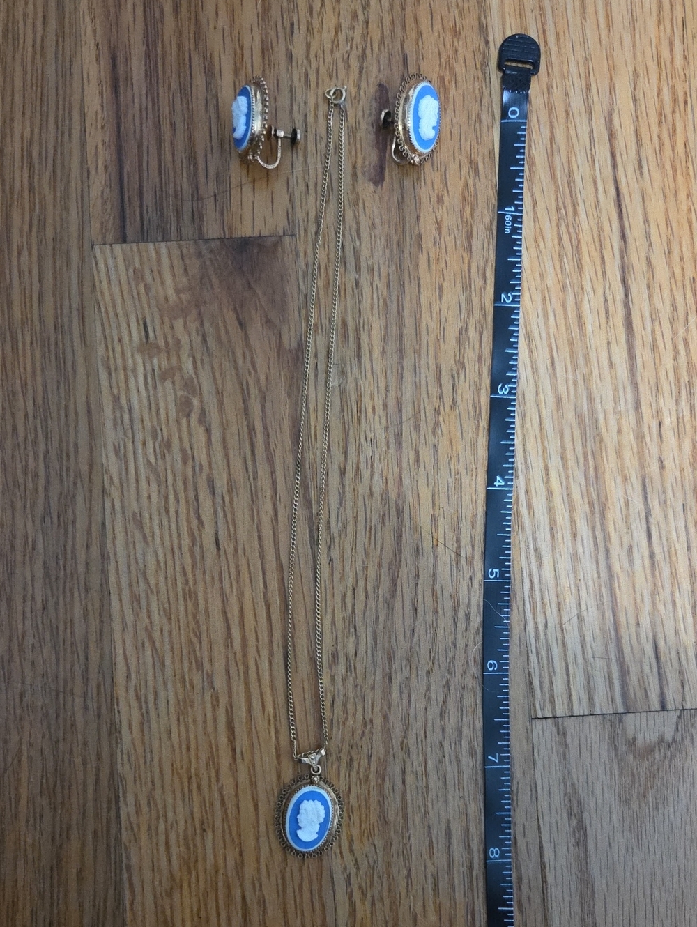 Vintage Blue Cameo Pendant Necklace with Matching Clip Earrings